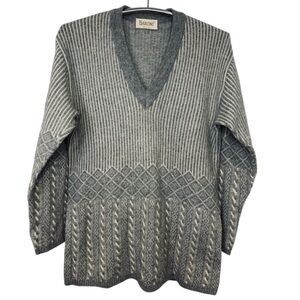 Baroni Women’s Grey V-Neck Cable Knit Wool Blend Sweater Size XL